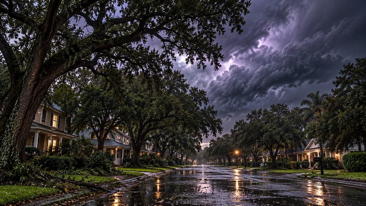 A wet residential street lined with mature oaks and houses, under dark storm clouds, with fallen leaves on the pavement.