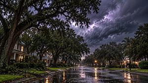 A wet residential street lined with mature oaks and houses, under dark storm clouds, with fallen leaves on the pavement.